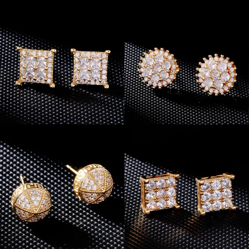 Unisex Fashion Earrings Studs for Men Women Earrings Yellow White Gold Plated Bling CZ Stud Earrings Nice Gift