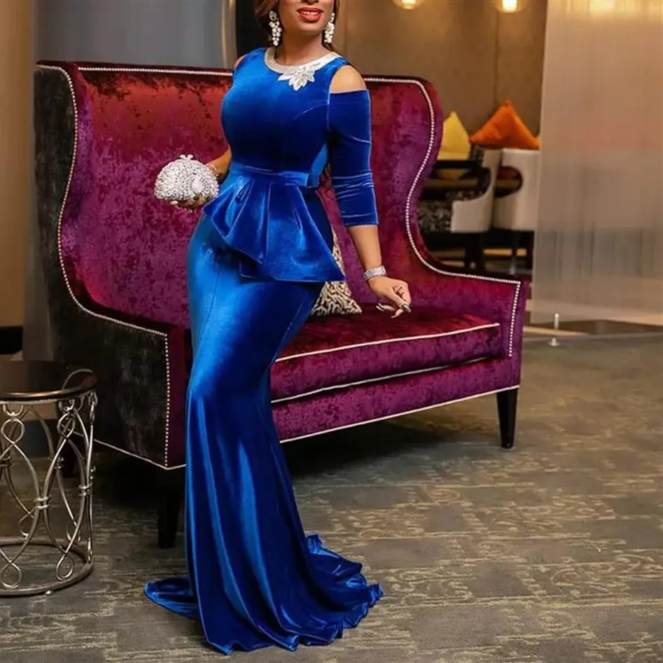 Blue Velvet Long Sleeves Mermaid Evening Dresses Jewel Neck Peplum Prom Gowns Plus Size Sweep Train Formal Dress2687