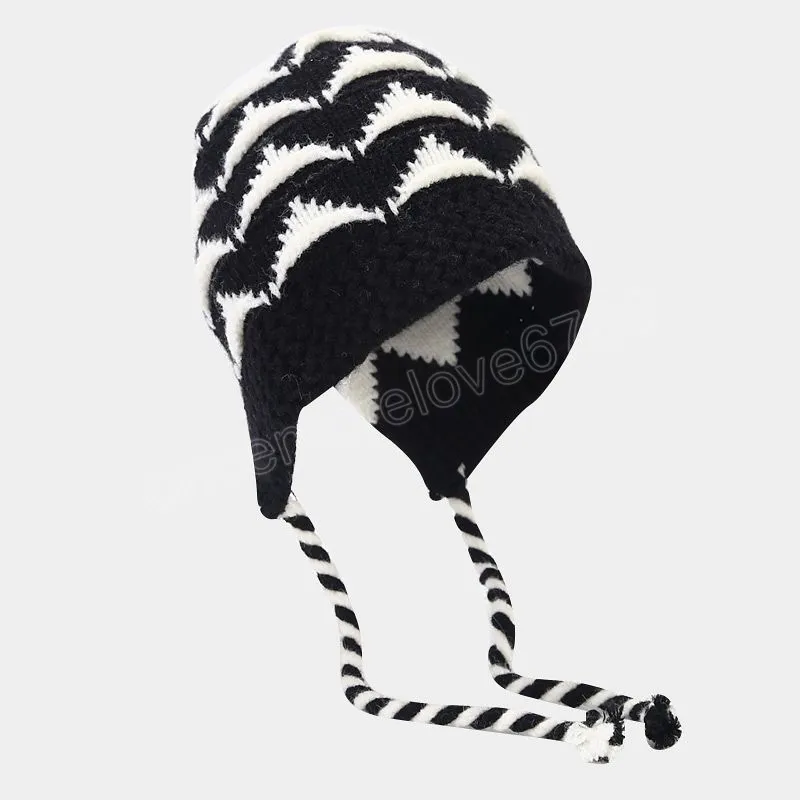 Chapéu de gorro harajuku japonês para mulheres meninas de malha branca de malha outono e inverno listrado listrado listrado tampa