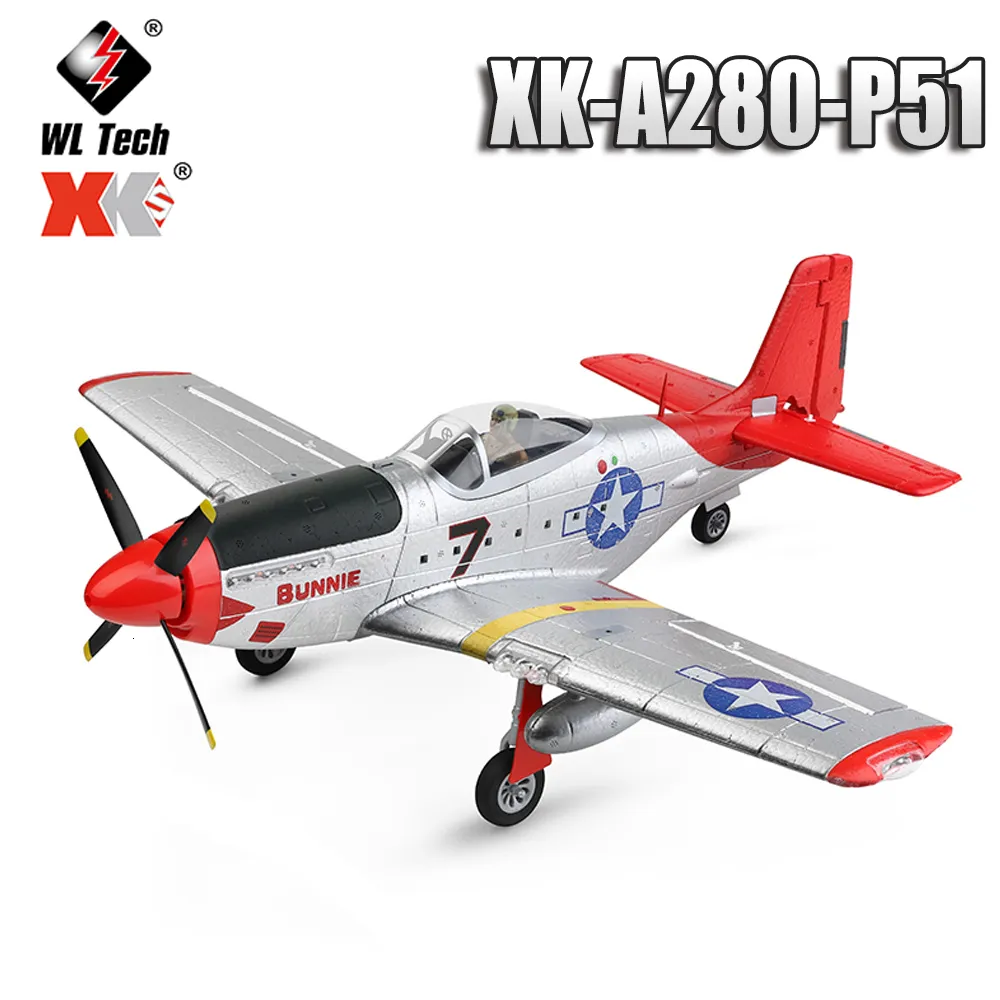 Aeromobile elettricrc Wltoys XK A280 Aeroplano RC P51 Fighter Simulator 24G 3D6G Modalità 3d6g con giocattoli per bambini a LED per bambini adulti 230812