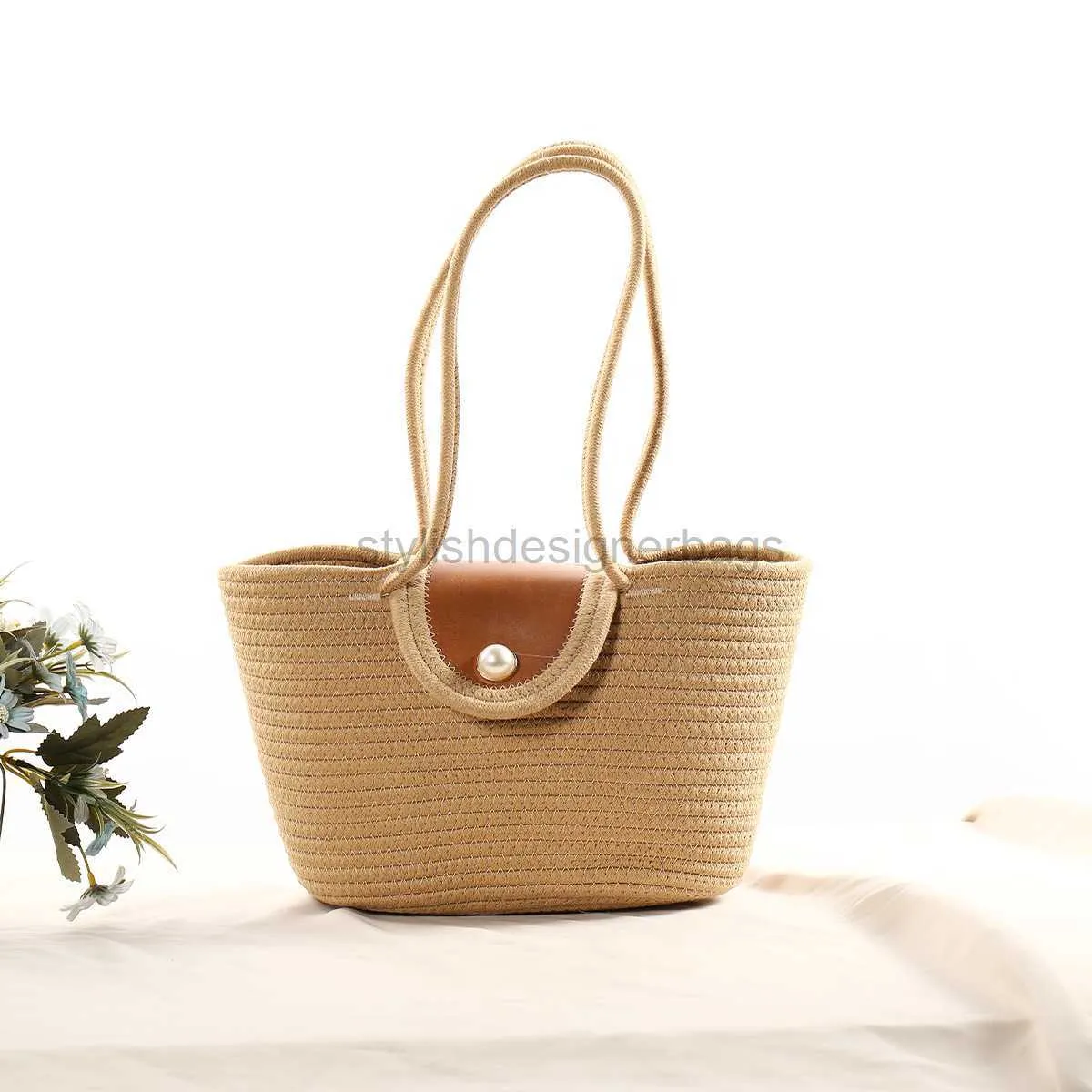 Beach Bags 2023 New Cotton Thread Shoulder Bag Woven Bag with Pearl Decoration Straw Woven Bag Women's Bag Beach Bag Leisure Bagstylishdesignerbags