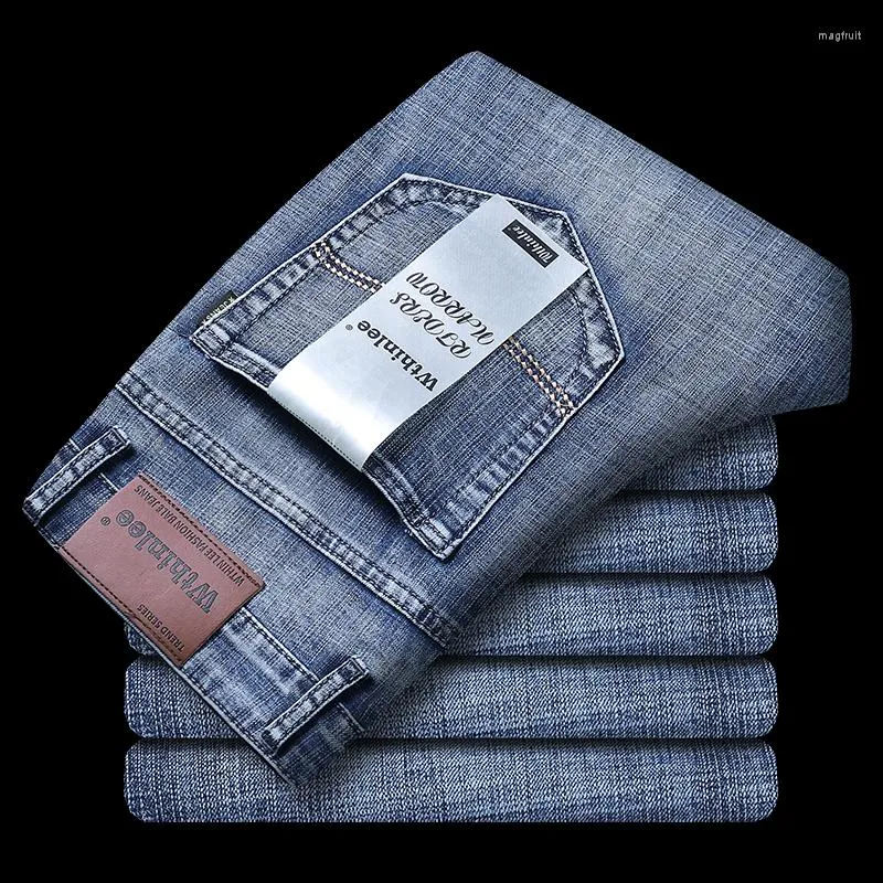 Calças de brim masculinas negócios casual estiramento reto moda clássico azul preto trabalho denim calças masculinas roupas de marca tamanho 32-38