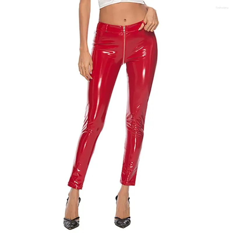 Women's Leggings PU Faux Leather Shiny Skinny Pants Women Low Waist Zipper To Crotch Wetlook PVC Latex Patent Pencil Trousers