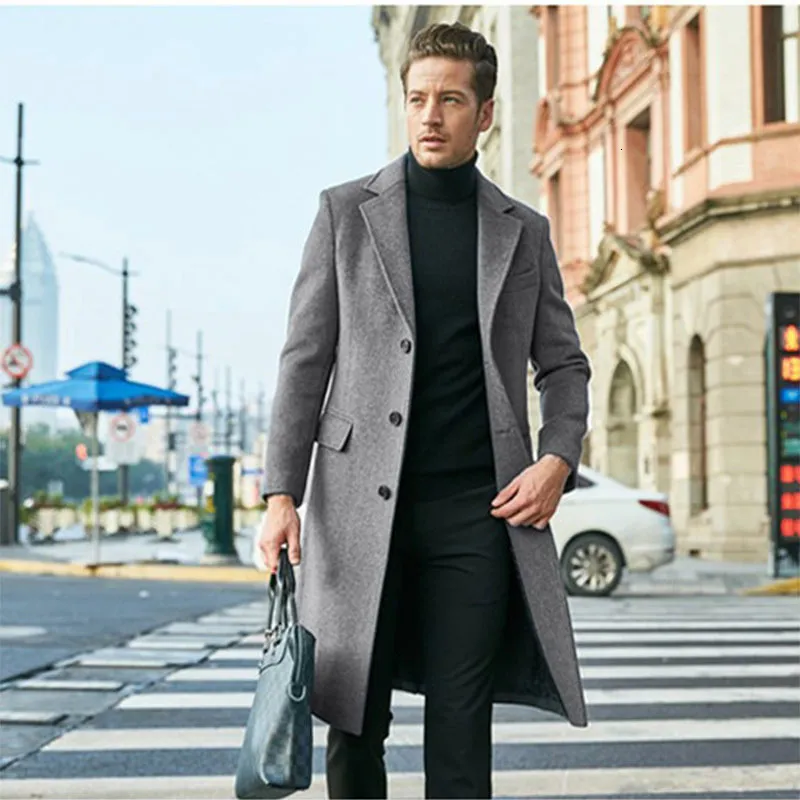 Men's Trench Coat: British Style Long Sleeve Woolen Overcoat for  Fall/Winter Fashion Single Breasted Long Jacket