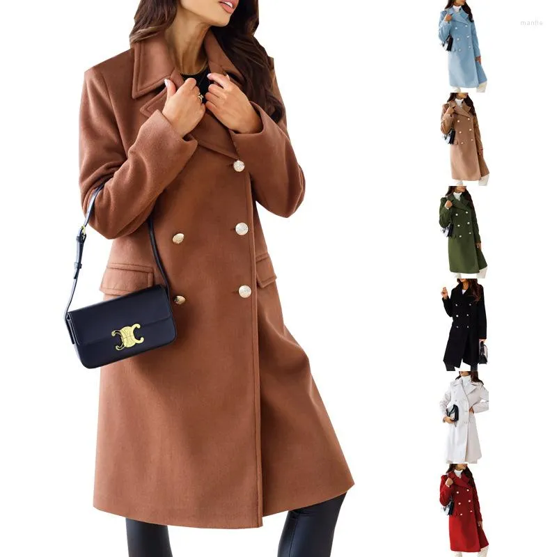 Casacos de trincheira feminina Moda Ladies Casual sobretudo outono de inverno Office Long Coat manga com femme lã de femme dupla femme