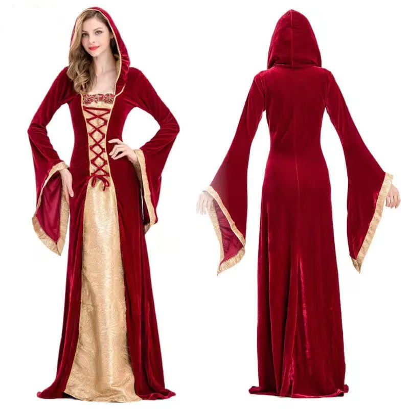 halloween kostymer kvinnor klänning cosplay kostymer medeltida klänning robe kvinnor renässans klänning prinsessan drottning kostym sammet court piga huva klänning klänning
