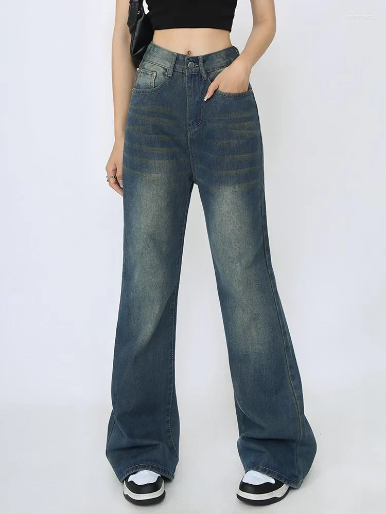 Jeans femininos americanos vintage azul escuro da cintura alta y2k streetwear de rua larga as calças de pernas largas jeans calças folgadas retas 2023