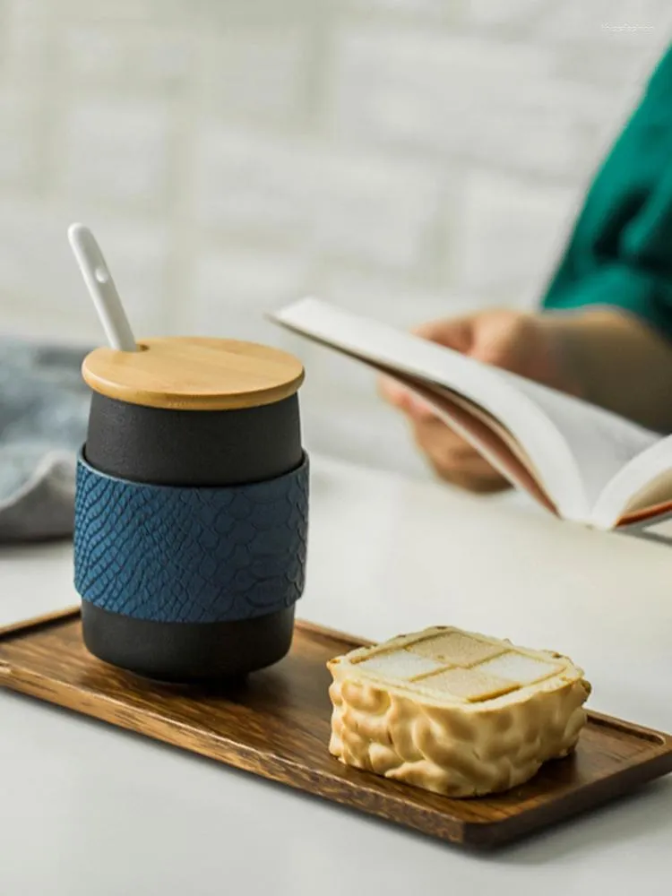 Mugs Household Ceramic Coffee With Spoon And Wood Lid Creative Breakfast Cup Simple Modern Office Men's Women's Water Cups