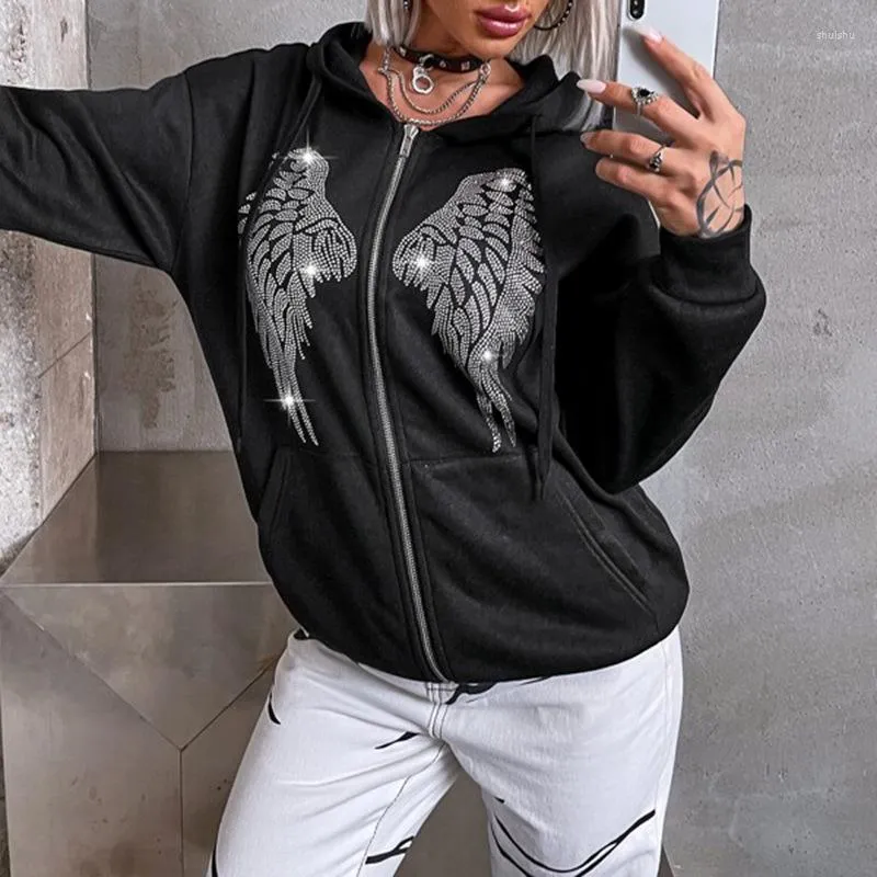 Y2K Rhinestone Angel Wing Rhinestone Zip Up Hoodie For Women