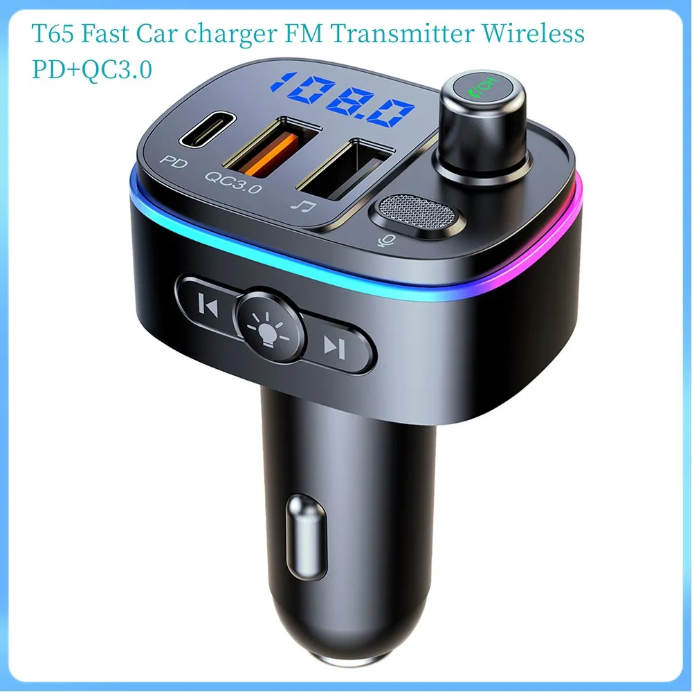 T65 Carregador de carro rápido FM transmissor sem fio 5.0 Bluetooth HandsFree Mp3 player PD Tipo C qc3.0 LED LED USB