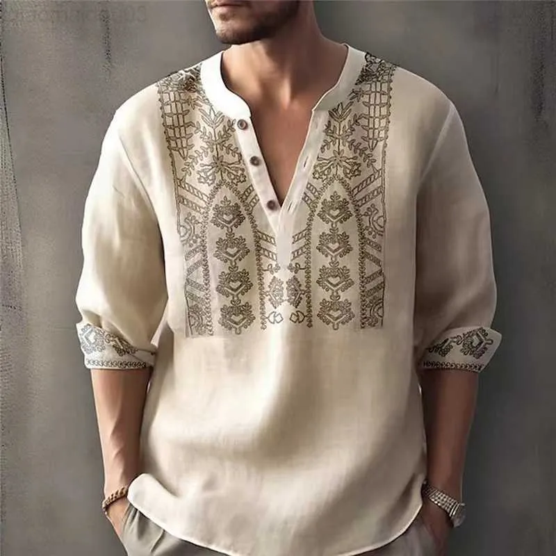 Mens 2023 New Fashion Chest Pattern Print Shirt Men Solid V-neck Long Sleeve Tee Tops Summer Casual Pullover Shirts Streetwear Male L2308132