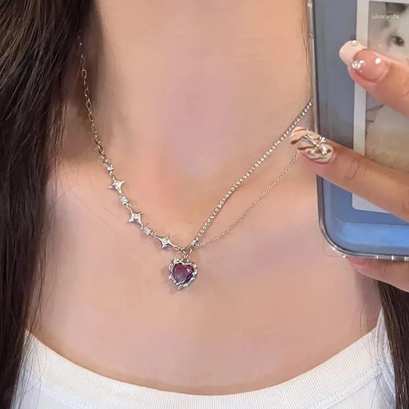 Pendant Necklaces 2023 Vintage Fashion Women Jewelry Y2k Accessories Peach Heart Purple Crystal Korean Style Sweet Clavicle Chain