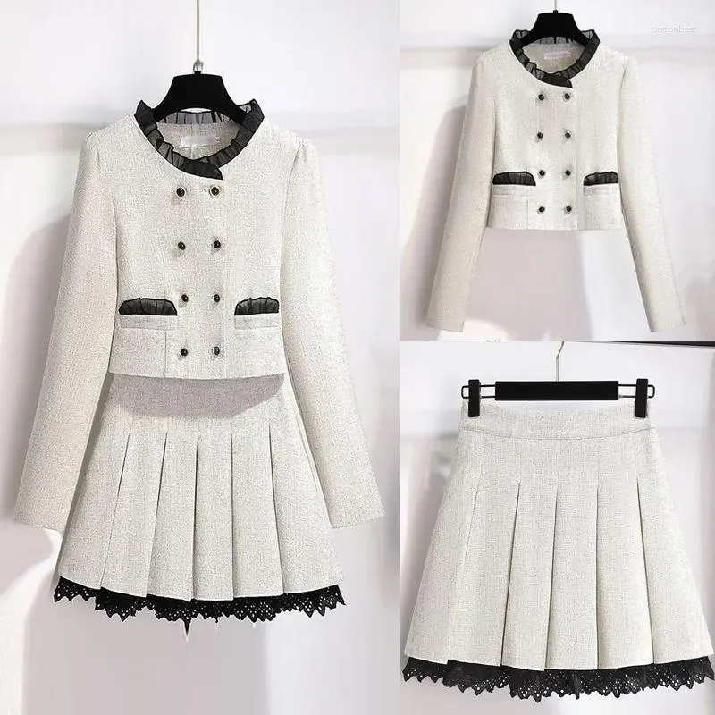 Sukienki robocze pachnący biały garnitur Kobiety eleganckie vintage tweed jacke płaszcz i mini spódnica dwuczęściowa strój ustawiony zima jacquard Korea