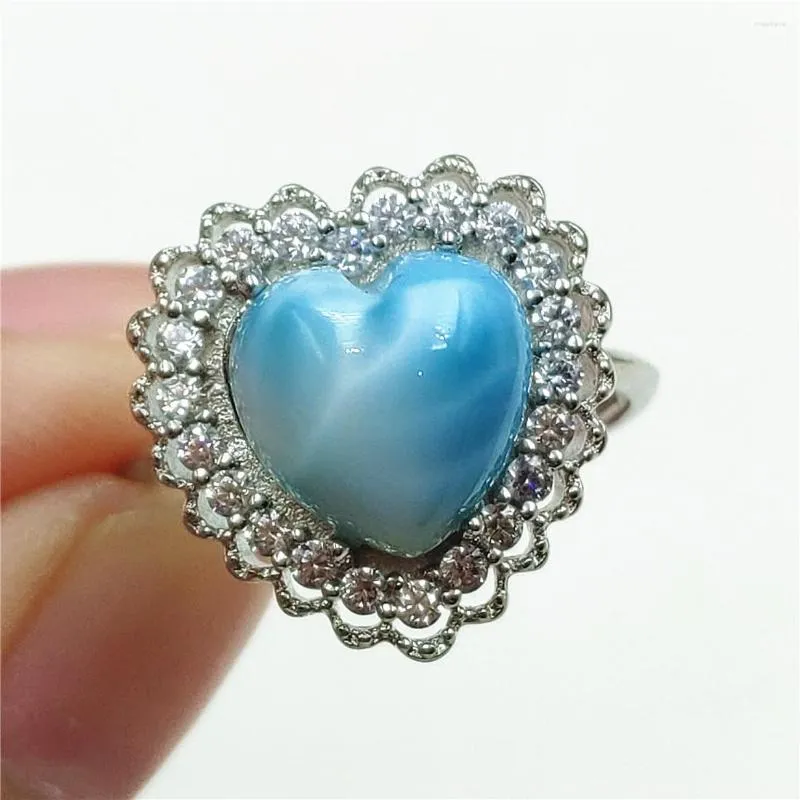 Cluster Anneaux Namibia Natural Larimar Blue Dominia Heart Rague réglable 10x10 mm Modèle d'eau Love 925 Sterling Silver