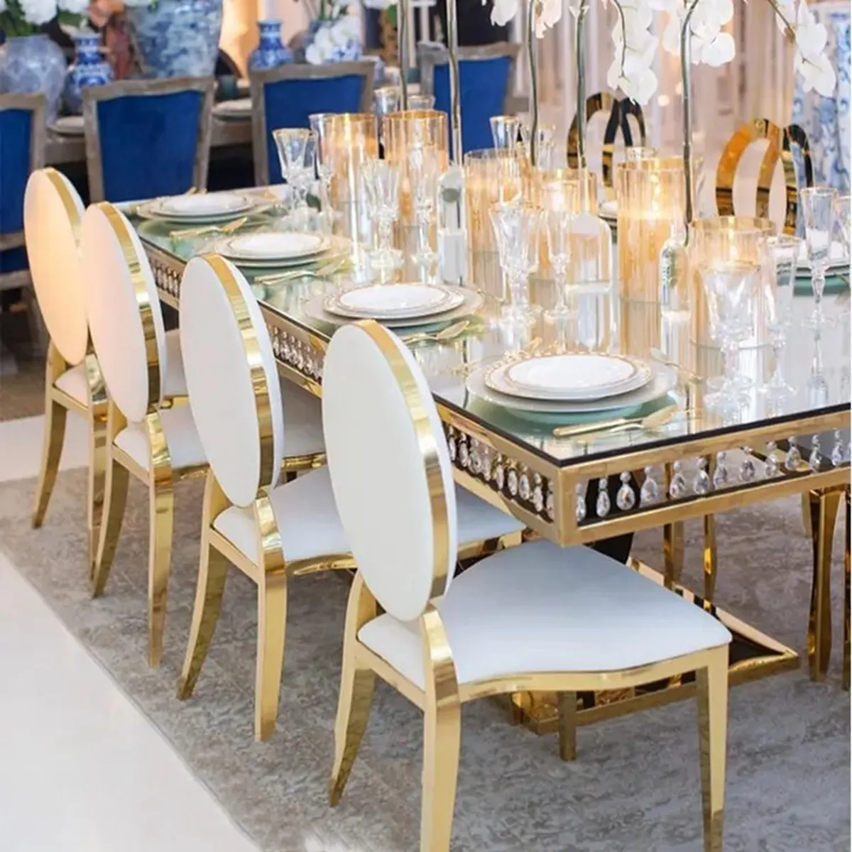 price for 6pcs)new design stainless steel dining table and chair events wedding chair in gold