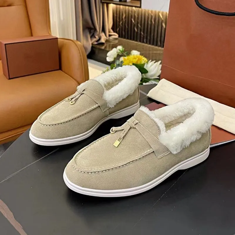 Foreign Trade 2023 New LP Wool Women's Shoes Frosted Leather Lefu Shoes Flat Bottom One Step Plush and Warm Single Shoes Men's Shoes