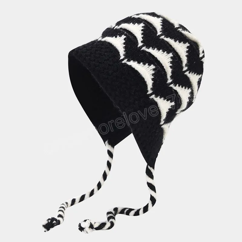 Chapéu de gorro harajuku japonês para mulheres meninas de malha branca de malha outono e inverno listrado listrado listrado tampa