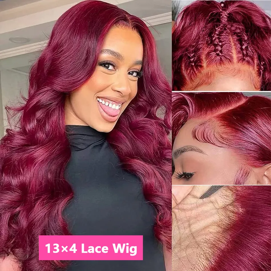 30 Inch 99j Burgundy Body Wave Lace Front Human Hair Wig Colored Glueless Hair Wigs for Women 180%density Red 13x4 13x6 Hd Lace Frontal Wig