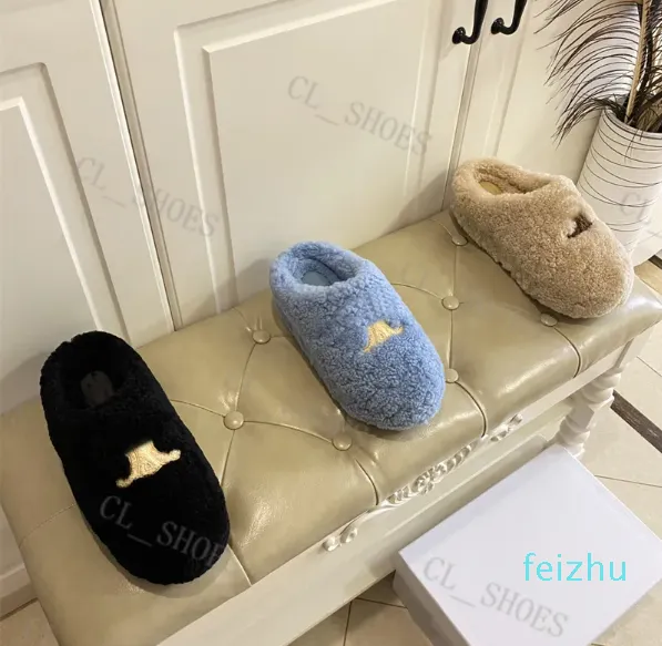 Sandalen Fellrutschen Triomphe Fellrutsche Hausschuhe Frauen Wolle rutschen Haut rutschern weich pelzige Sandalen Winterbuchstaben warm bequeme Fuzzy -Schearling -Slipper