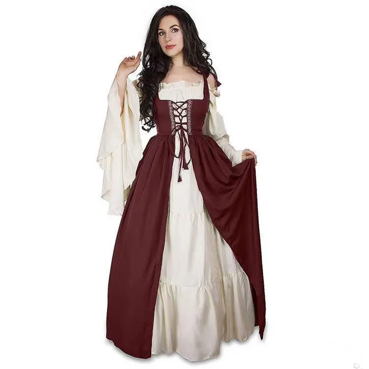 Alebaba Renaissance Jurk Vrouwen Plus Size Traditionele Ierse Middeleeuwse Fairy Jurken Off Shoulder Boeren Jurk Kostuum, Kaki, M