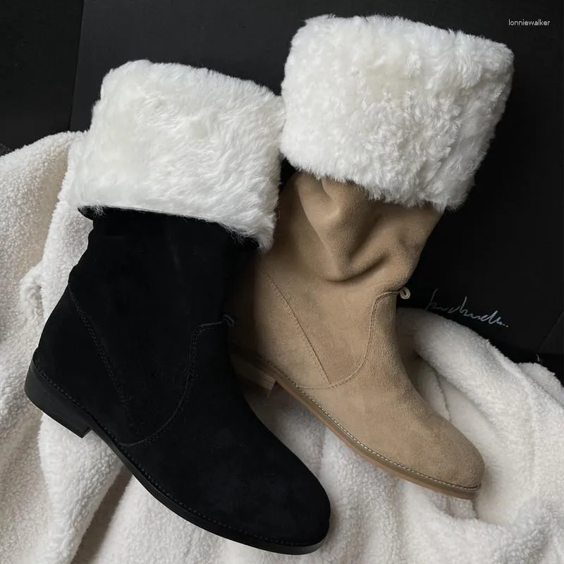 Botas 2023 European Winter Natural Couro Snow quente 22-24,5 cm One Fur Cow Suede Lã de lã no joelho