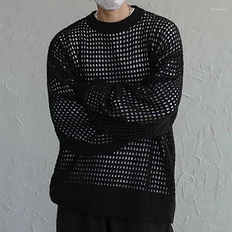 Men's Sweaters Casual Pure Color Long Sleeve Mens Fashion Mesh Hollow Out See Through Knit Jumper Top Men Clothes Fall Vintage Sweater