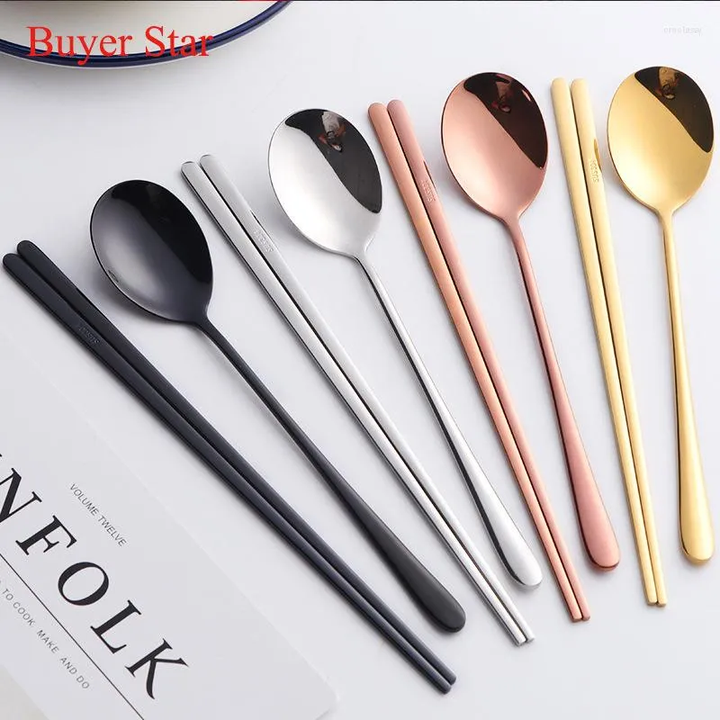 Dinnerware Sets SS304 Korean Stainless Steel Chopsticks Spoon Set Long Handle Non-slip Dessert Spoons