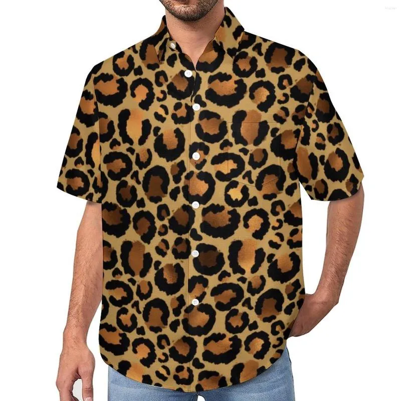 Camicie casual maschile eleganti camicie per vacanza leopardata marrone stampato animale estate camicette vintage top stampato a maniche corte più dimensioni
