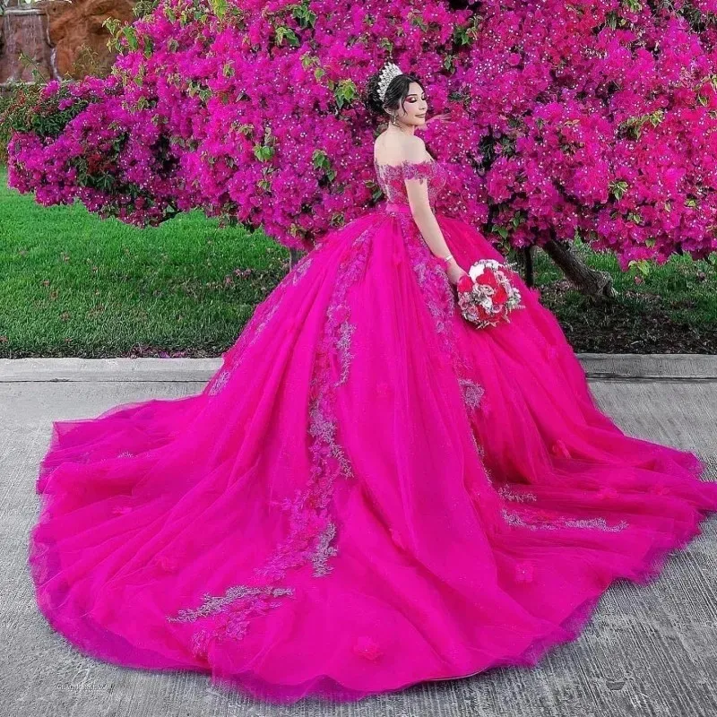 Hot Pink Shiny Quinceanera Dresses Mexican Sweetheart Lace 3DFlower Puffy Ball Gowns Off-Shoulder Applique Luxury Vestidos De