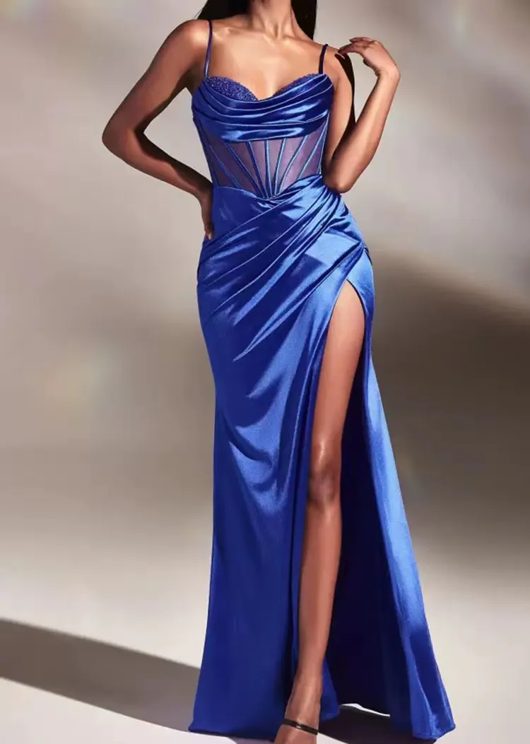 Navy Blue High Side Split High Slit Formal Dress with Long Sweep - Perfect for Prom, Formal Party, Second Reception, Birthday, and Engagement