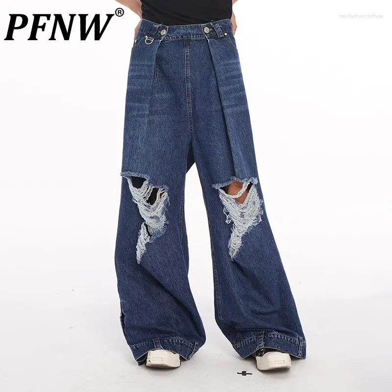 Mäns jeans PFNW Autumn Winter Men Fashion Baggy Hole Streetwear Denim Pants Casual Straight Vintage Button Pockets Loose Tide 12A7424