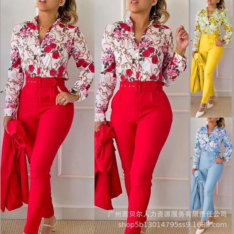 Kvinnors tvåbitar byxor Elegant långärmad skjorta Set Office Lady V Neck Floral Print Small Foot Trousers Suit Belt Women Outfit Slim