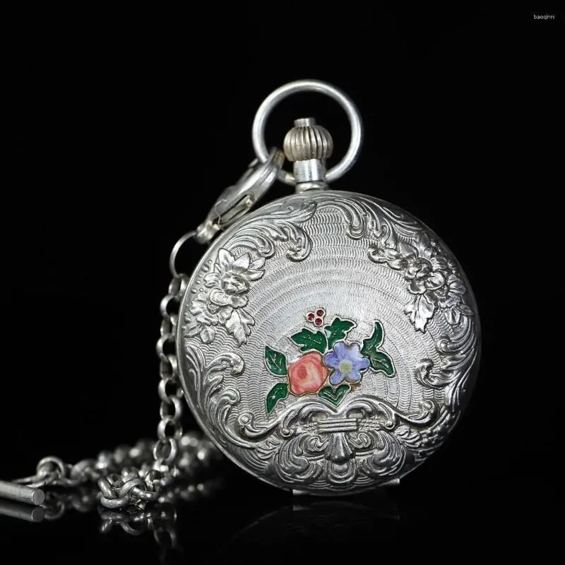 Table Corloges Antiques Collectables Style Europe Motchical Pocket Watch Double ouverture Filigrane Fleur d'émail Sculpte argent