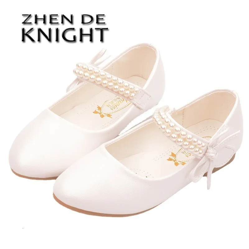 Sneakers Spring Girls Leather Shoes Children's Flat White Flower Pearls School Party Dress Boat 230814