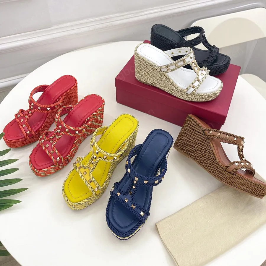 Novo verão de alta qualidade plataforma chinelo palha tecido dedos abertos deslizamento em cunha sandália slide designers luxo sandália para mulher 9cm