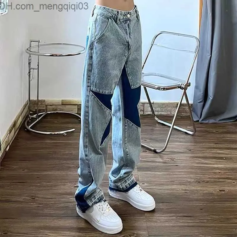 Men's Pants Street clothing hip-hop patchwork jeans men's retro fashion pentagram Trousers trend couple neutral jeans blue black Z230815