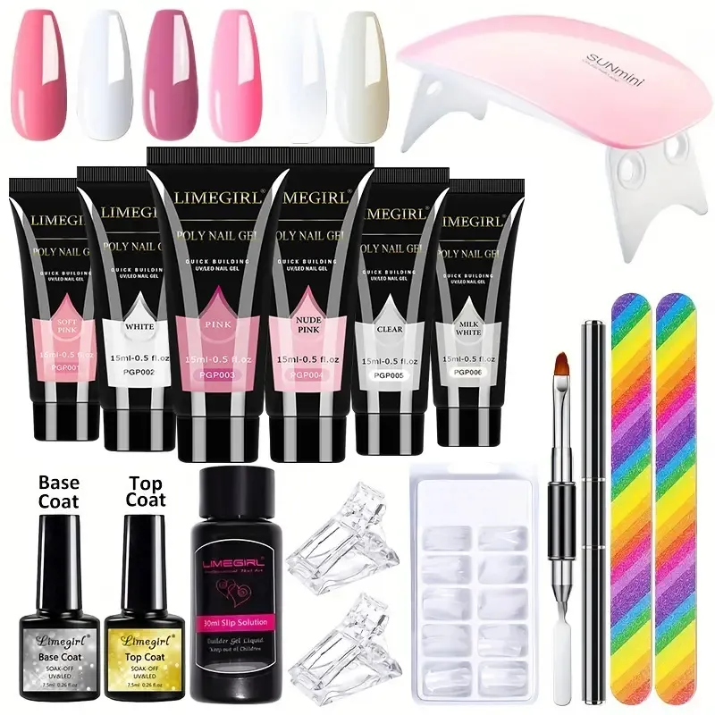 Kit de gel de extensão de unhas poli, kit de unhas de gel poli com 6 cores poli unhas gel unhas poli gel de extensão de gel de gel com 6w mini secador de unhas de unhas diy conjunto de unhas de unhas