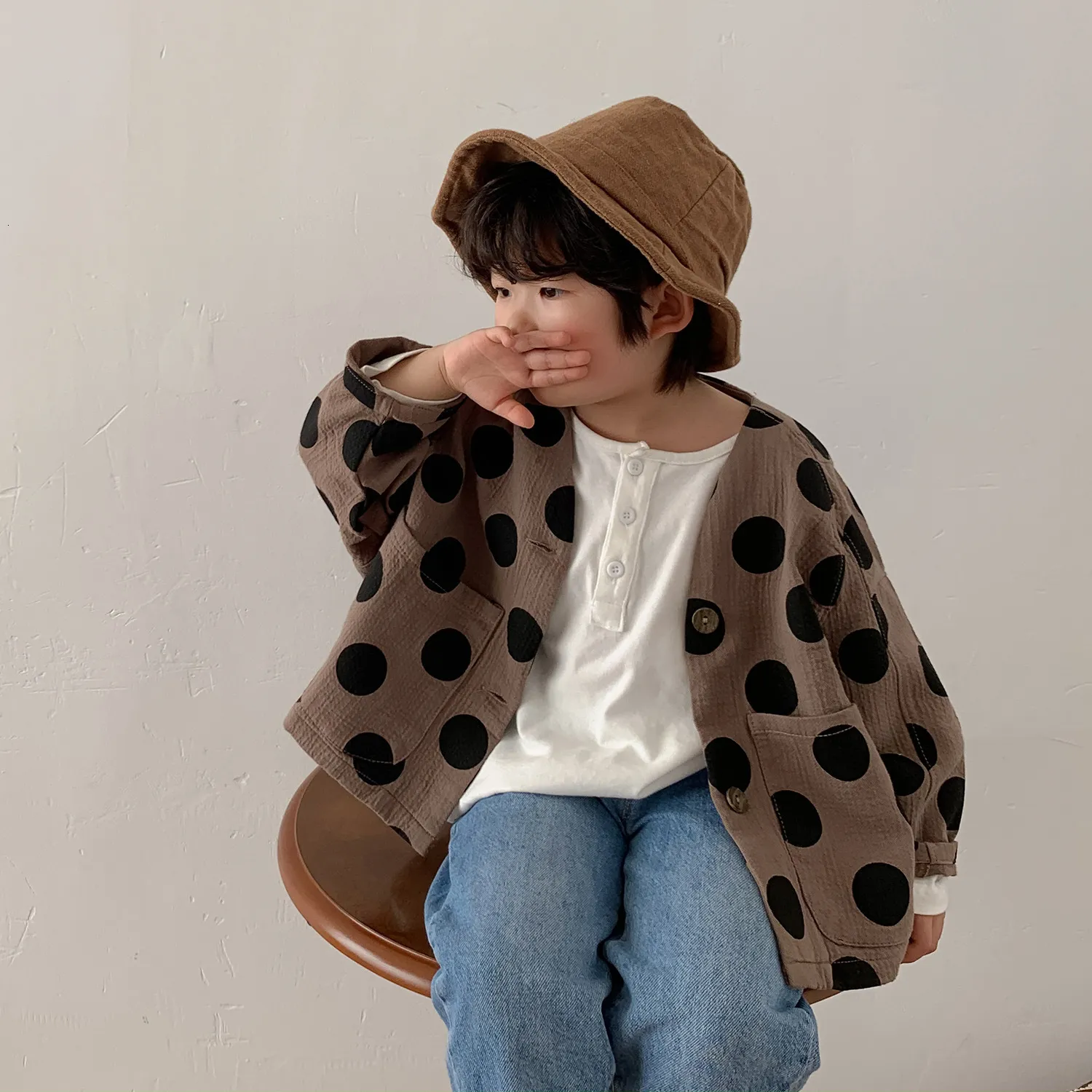 Jackets Spring korean style oversized dot long sleeve cardigans Boys casual loose cotton linen jackets coats 230814