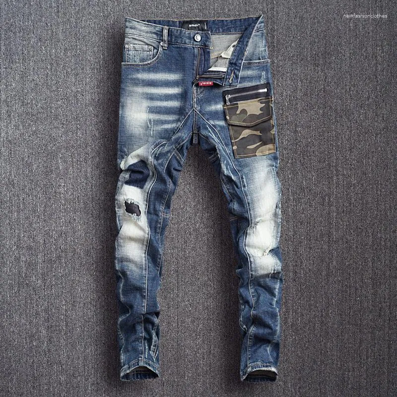 Herren Jeans Streetwear Mode Männer Camouflage Pocket Designer Retro Blue Stretch Slim Ripped Hip Hop Hosen Hombre