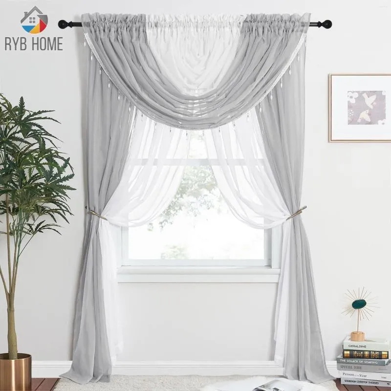 Rideau Ryb Home 6pcs Rideaux transparents Ensemble avec 4 panneaux attachés (55 "x 84" chacun) et 2 perles de cascade cantonnières voile élégant