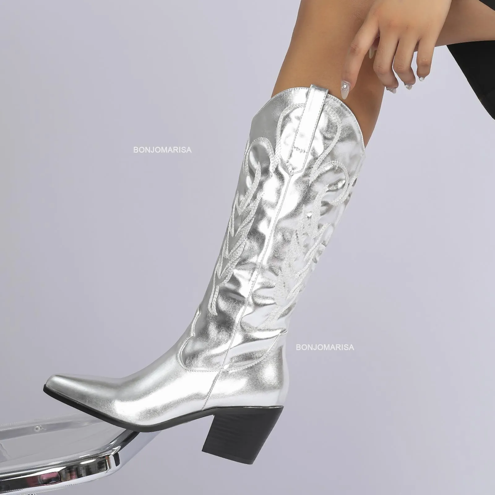 Boots Cowboy Cowgirl Boots for women Metallic Silver Stacked Heeled zip Western Mid Calf Boots Casual Embroidered brand luxury Shoes 230812