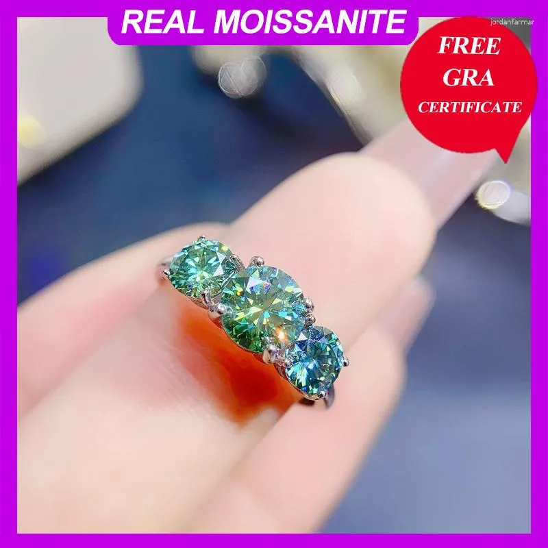 Klusterringar Pure 925 Sterling Silver Green Moissanite med GRA Certificate Ring for Women 1 0.5 Pass Diamond Test