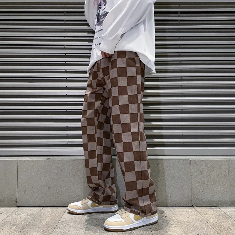 Men's Jeans Spring Men's Brown Check Print Baggy Jeans Korean Fashion Streetwear Denim Straight Pants Male Brand Trousers 230812