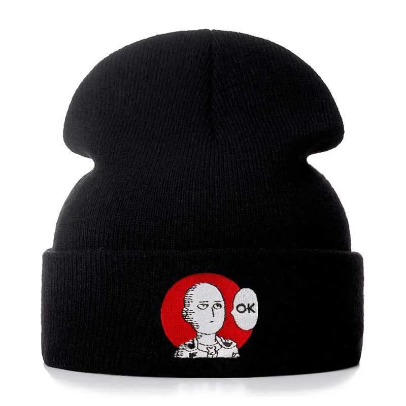 Beanie/Skull Caps One Punch Man OK katoenen borduurwerk Casual muts voor mannen vrouwen gebreide winterhoed vaste hiphop schedels motorkap unisex cap