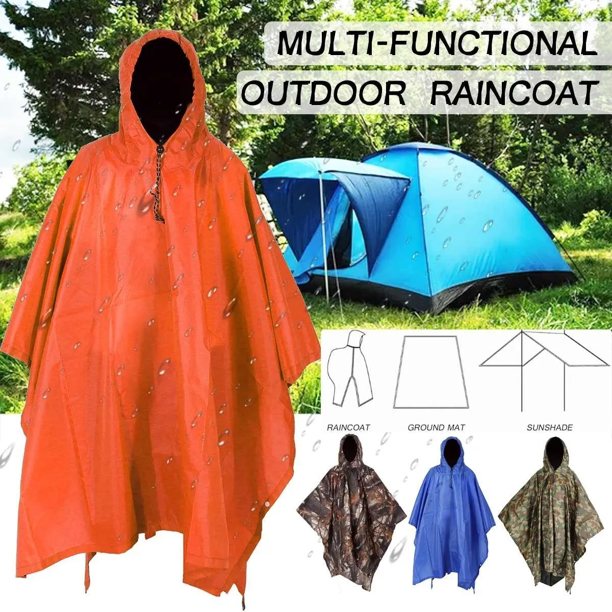 Raincoats 3 i 1 Portable Sunshade Camping tarp Ground Mat Raincoat Outdoor Waterproof Rain Poncho ryggsäckskydd för vandring Picknicktält 230812