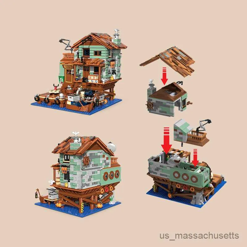 Blokkeert 2100 stks visser's Wharf Building Block Tree House Model View Boat Boat Transportation Adult Home Decoration Kid Toys R230814