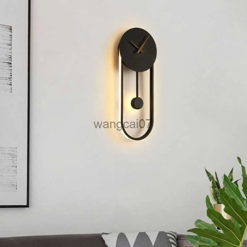 Lâmpadas de parede Lâmpada de parede LED com relógio Luxo nórdico simples e moderno para o hotel a cabeceira da sala de estar luminária preta/ouro HKD230814
