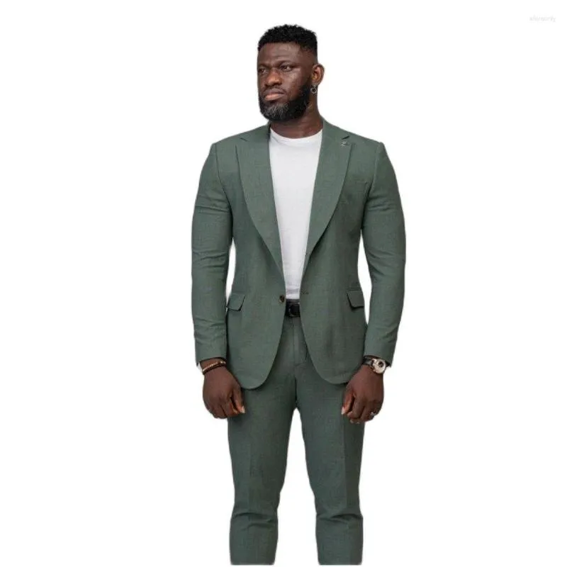 Herenpakken groene mannen 2 pc's grote en hoge slanke fit man kleding bruiloft bruidegom prom jurk op maat gemaakte smoking masculino blazer dagelijkse slijtage