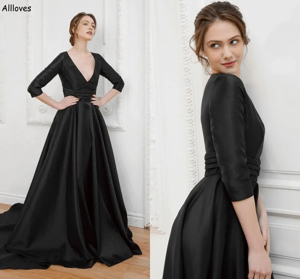 Black Satin Classy A Line Abiti da sera Abiti profondi a V con 3/4 maniche lunghe Eleganti Women Occasionali abiti da ricezione Abito da ballo di tappeto rosso CL2713