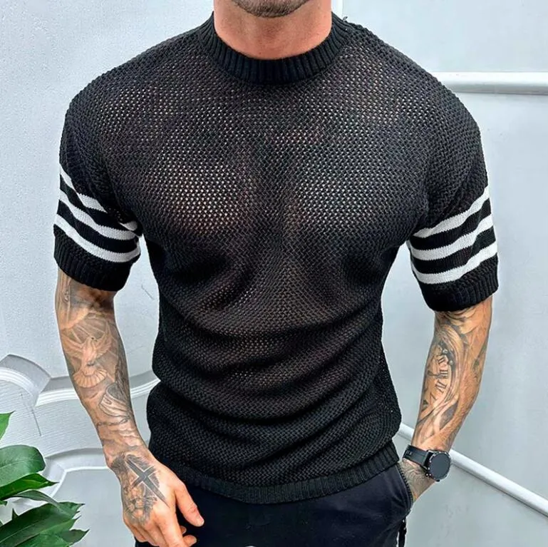 2023 heren t shirts mode patchwork korte mouw gebreide tops casual bemanning nek pullover tee mannen kleding shirt streetwear